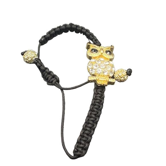 Gold rhinestone owl bracelet on black adjustable macramé - Picture 2 of 6